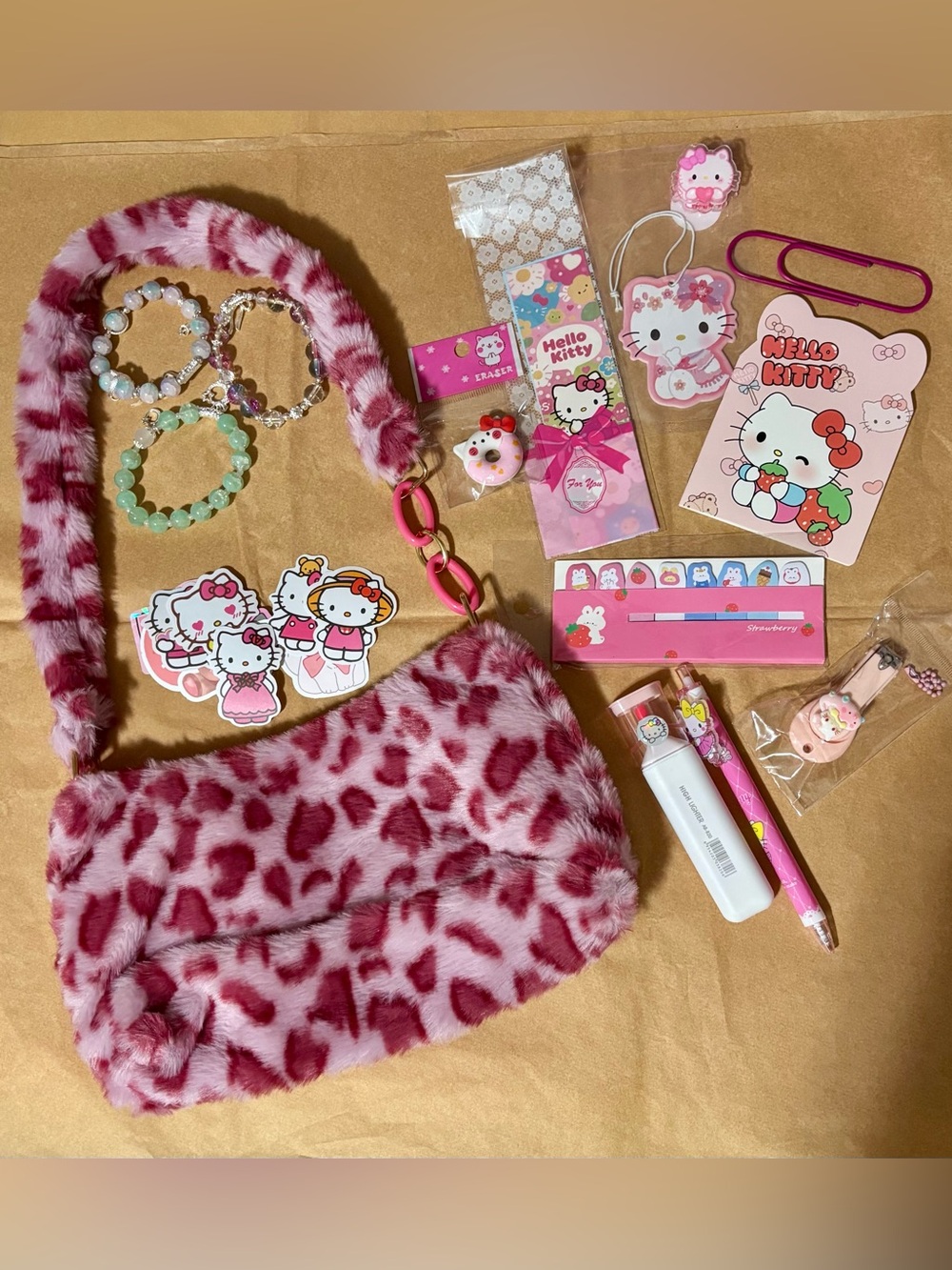 Sanrio Pink Plush Leopard Print Shoulder Bag with Hello Kitty Accessories